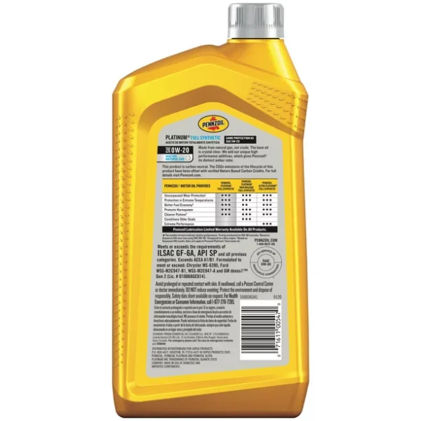 0W-20 Pennzoil Platinum Full Synthetic Motor Oil - 1 Quart - Image 2