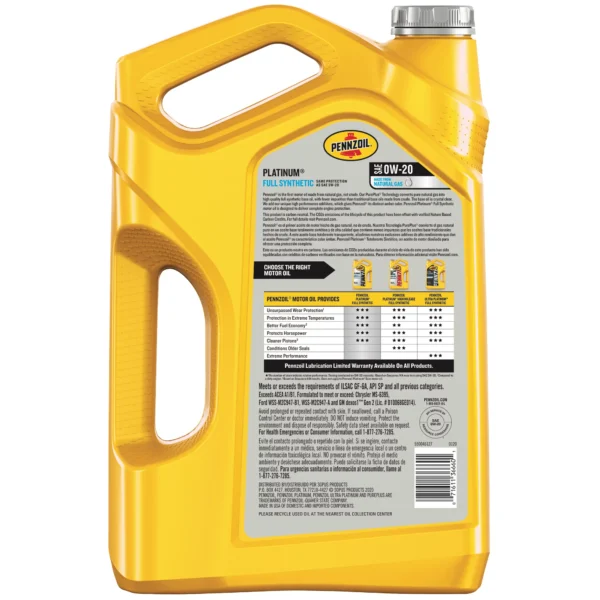 0W-20 Pennzoil Platinum Full Synthetic Motor Oil, 5-Quart - Image 2