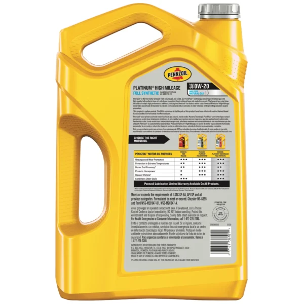 0W-20 Pennzoil Platinum High Mileage Full Synthetic Motor Oil - Image 2